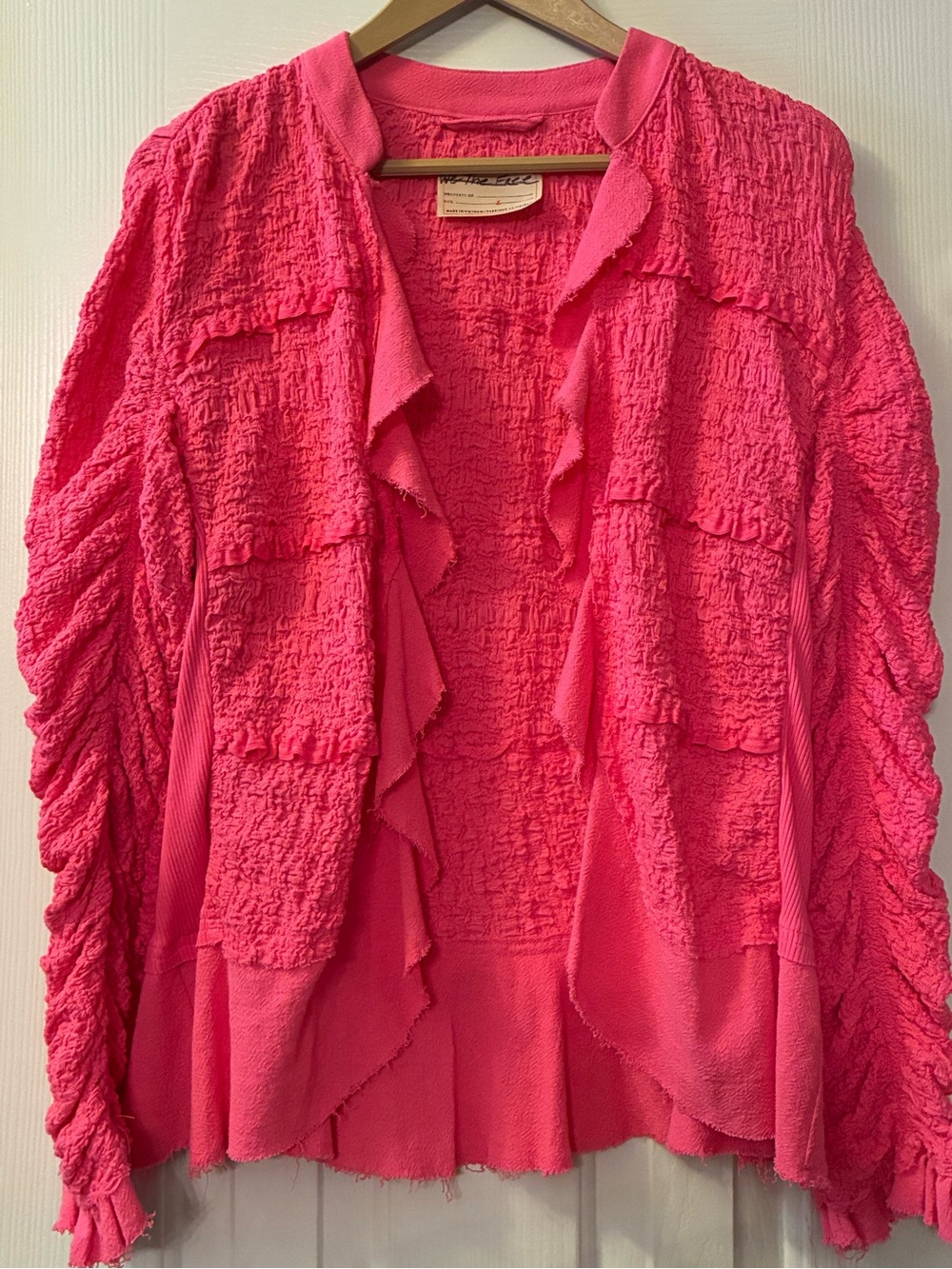 We The Free Hot Pink Ruffle-Front Open Cardigan. Large